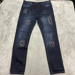 Krome Dark Denim Rip Flannel Patch Work Jeans 36/34